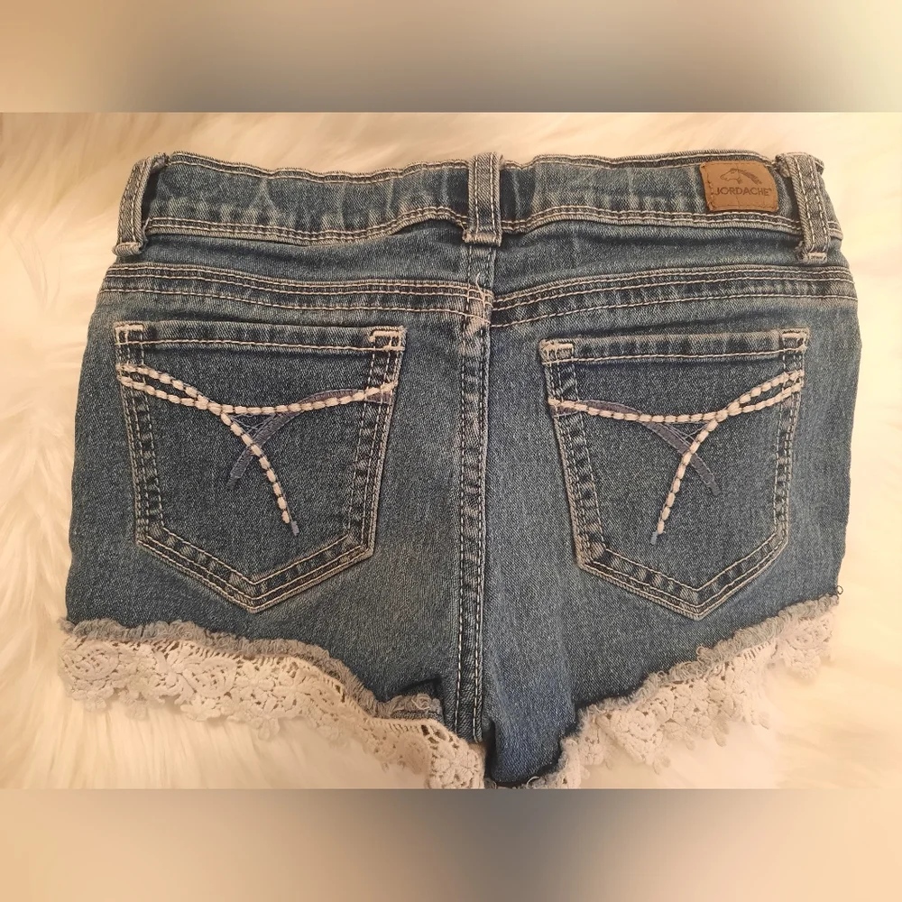 Denim Jean Shorts - White Crochet Trim Jordacie - Girls Size 8